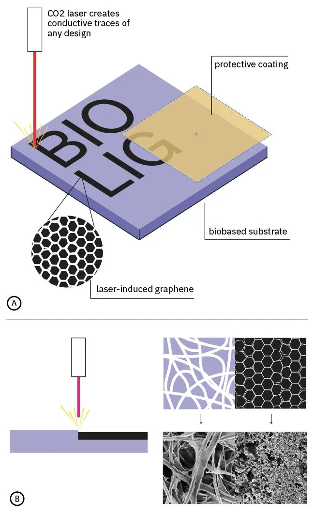 Diagram of the BioLIG process: substrate layers and laser-induced graphene
