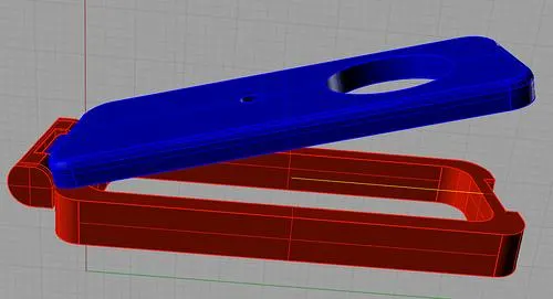 3D render of the two half-shells of the casing, in blue and red