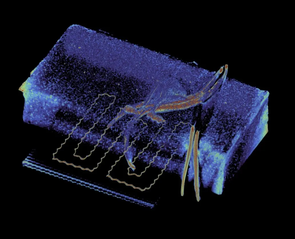 Blue volumetric scan of a block revealing a circuit embedded inside it