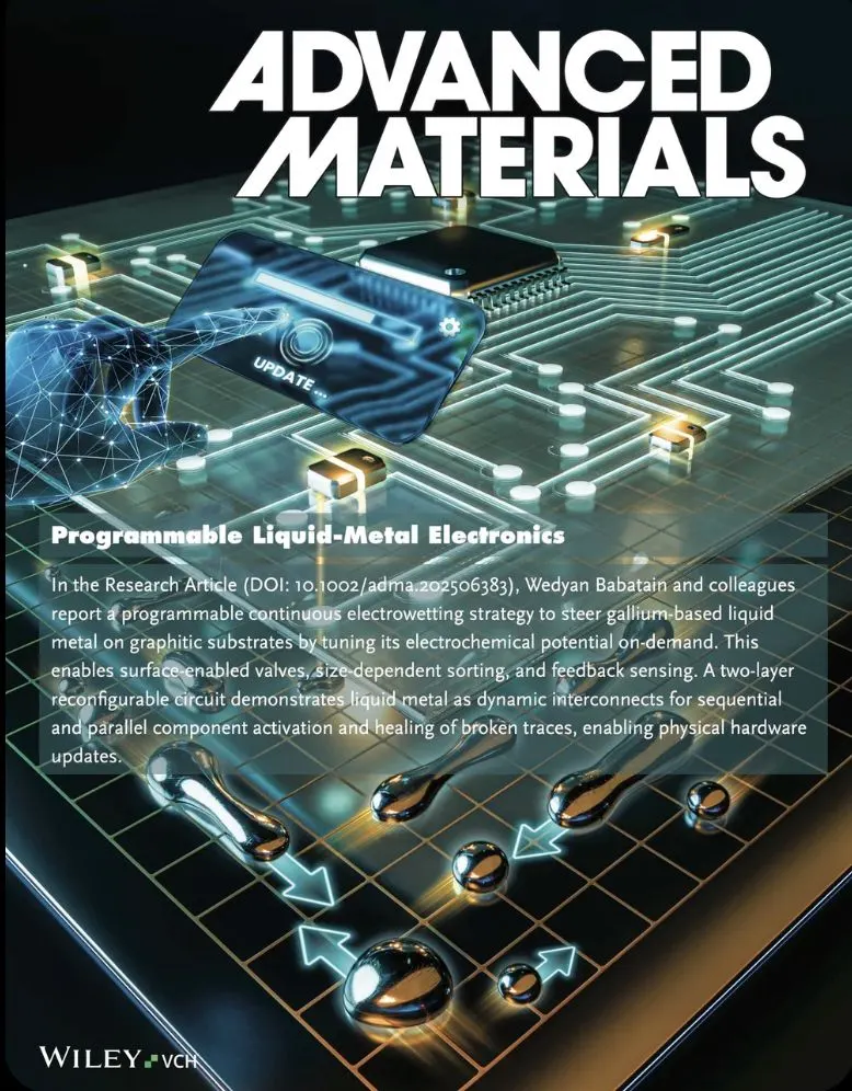 Cover of the journal Advanced Materials showing a liquid-metal circuit