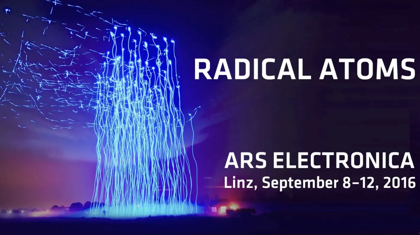 Banner for the Radical Atoms exhibition at Ars Electronica, Linz, against blue light