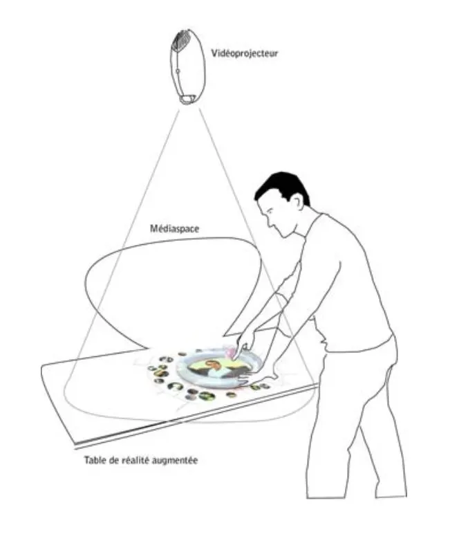 Line drawing of a person at a table beneath a suspended device