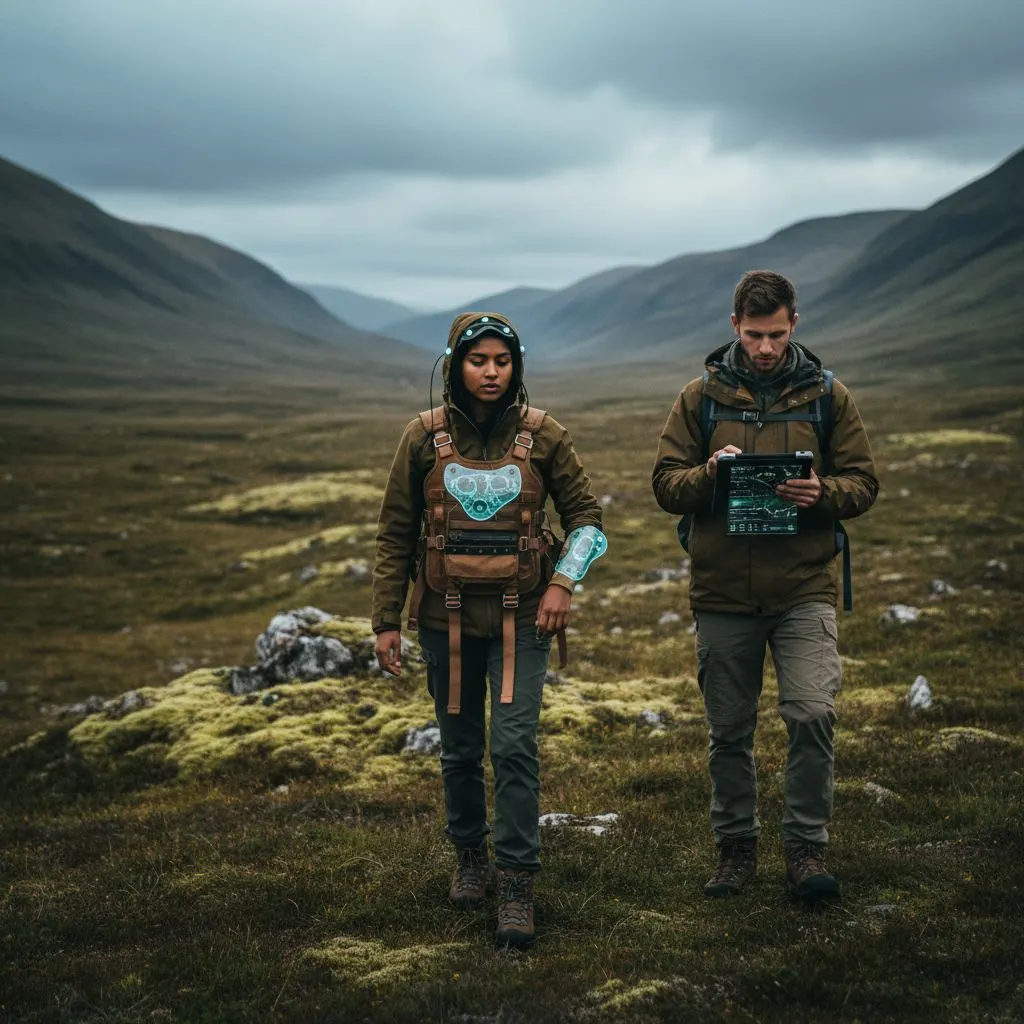 Two people carrying measurement equipment in a wide mountain landscape under cloud